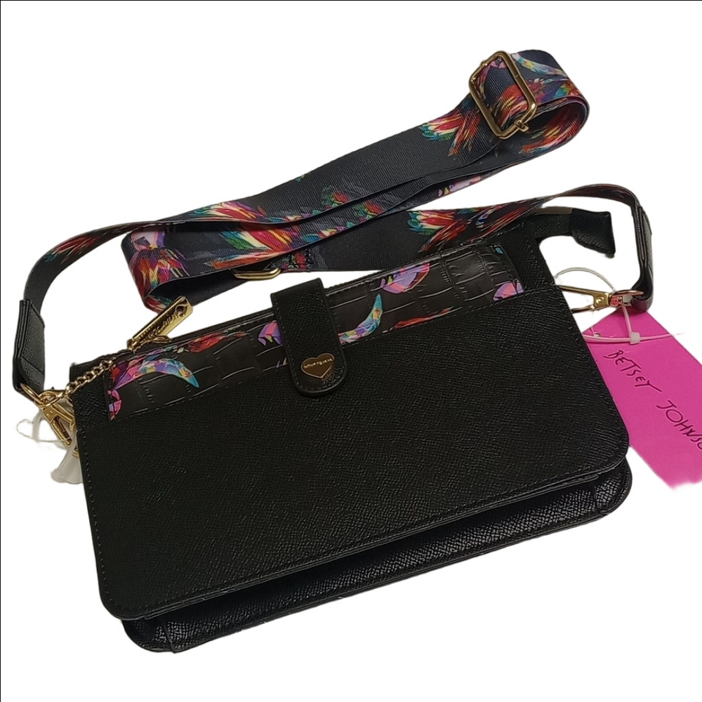 🆕 BETSEY JOHNSON "BIRDS OF PARADISE" BLACK CROSSBODY BAG WITH PULLOUT POUCH - Picture 5 of 15